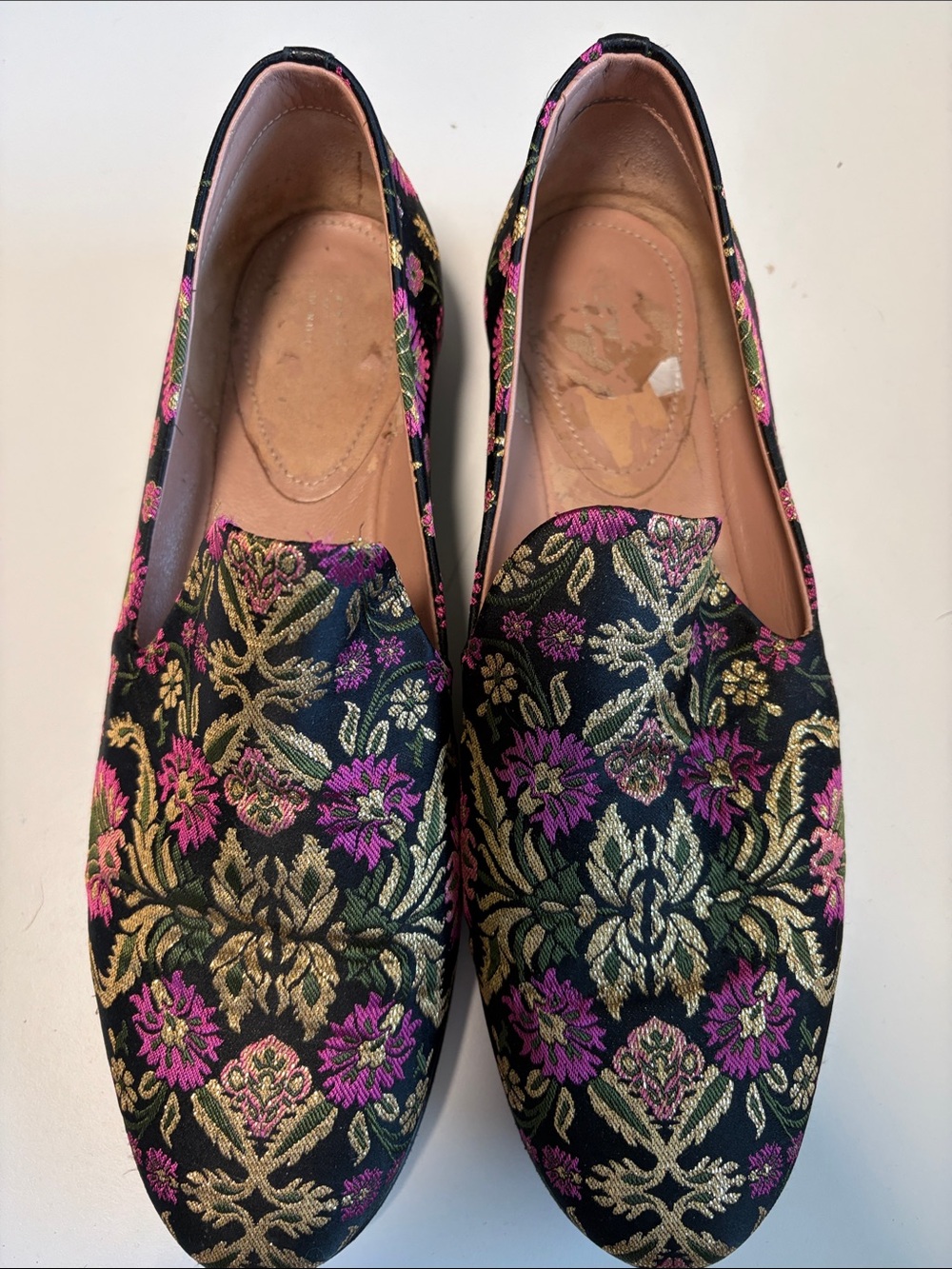 Lewit Black Brocade Loafers with Pink & Gold Floral Embroidery